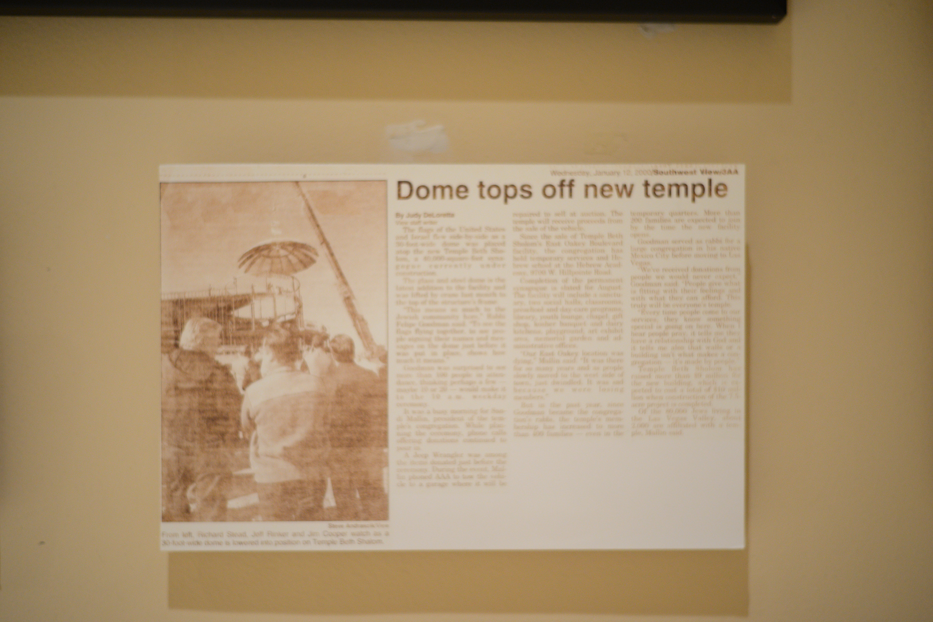 Photograph of newspaper clipping, Dome tops off new temple, publication unknown, January 12, 2000