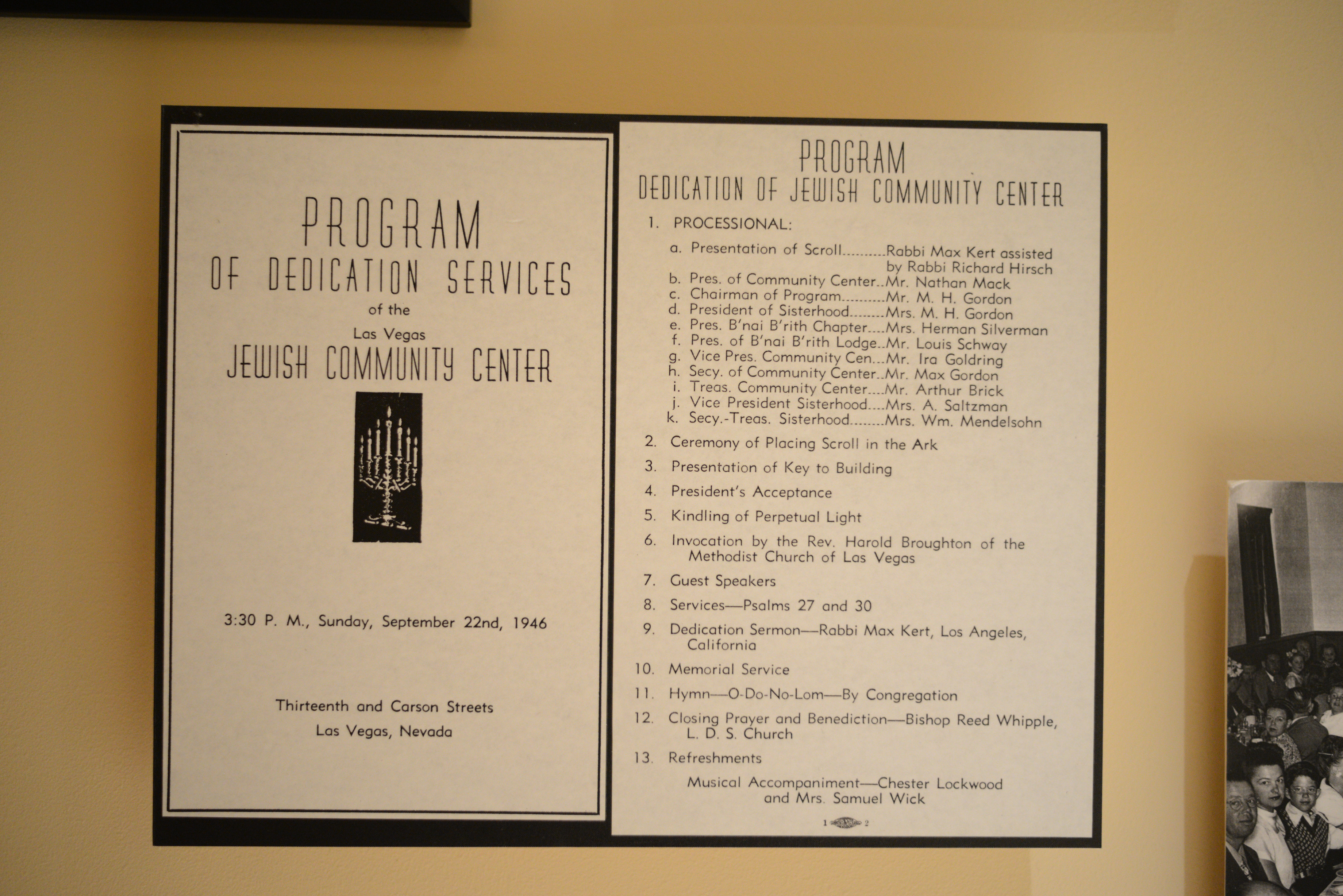 Program for dedication services for the Las Vegas Jewish Community Center, September 22, 1946