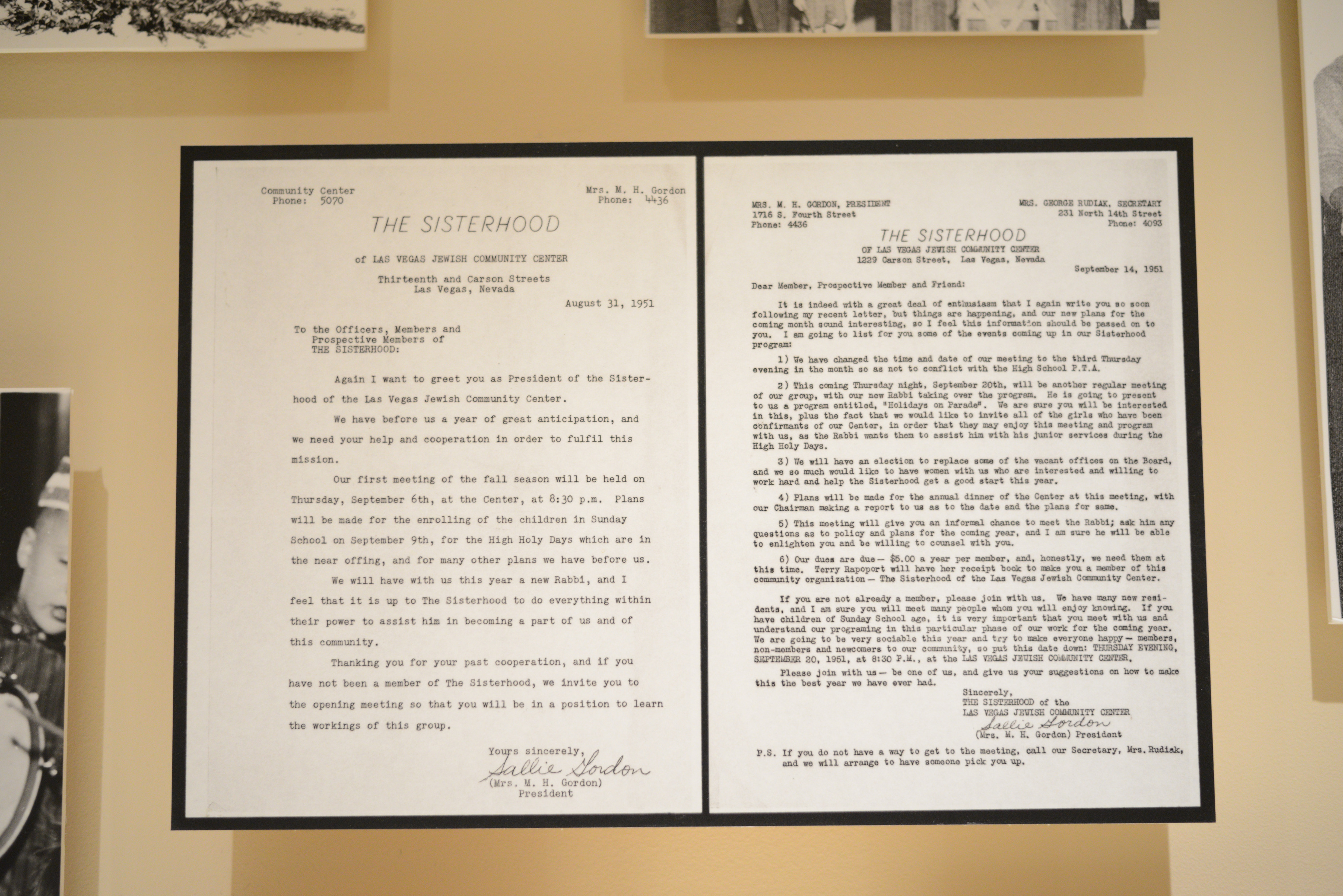 Correspondence from the Sisterhood of the Las Vegas Jewish Community Center, 1951