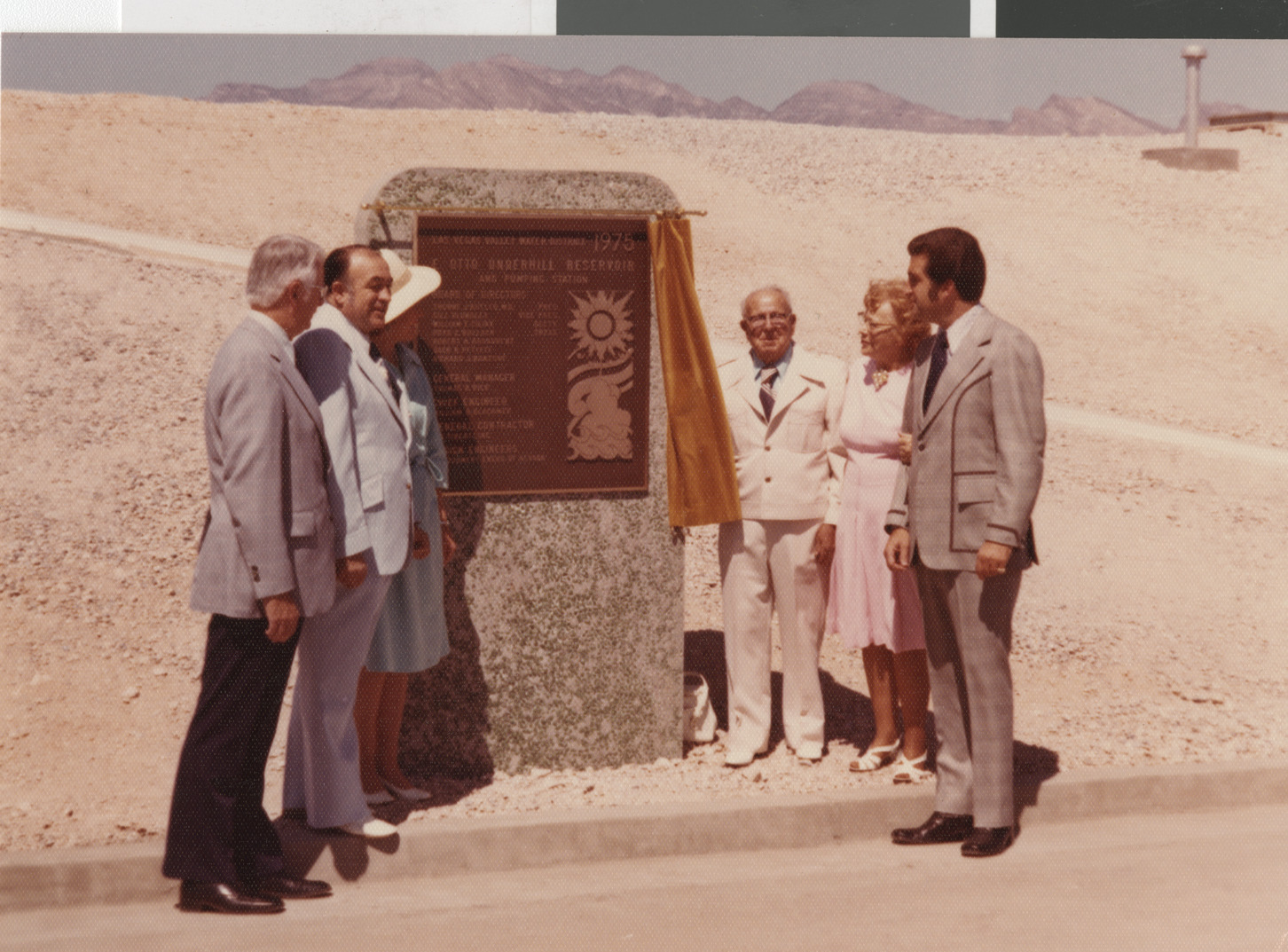 Photograph of Ron Lurie (right) at the dedication of a plaque for the Otto Underhill Reservoir, 1975