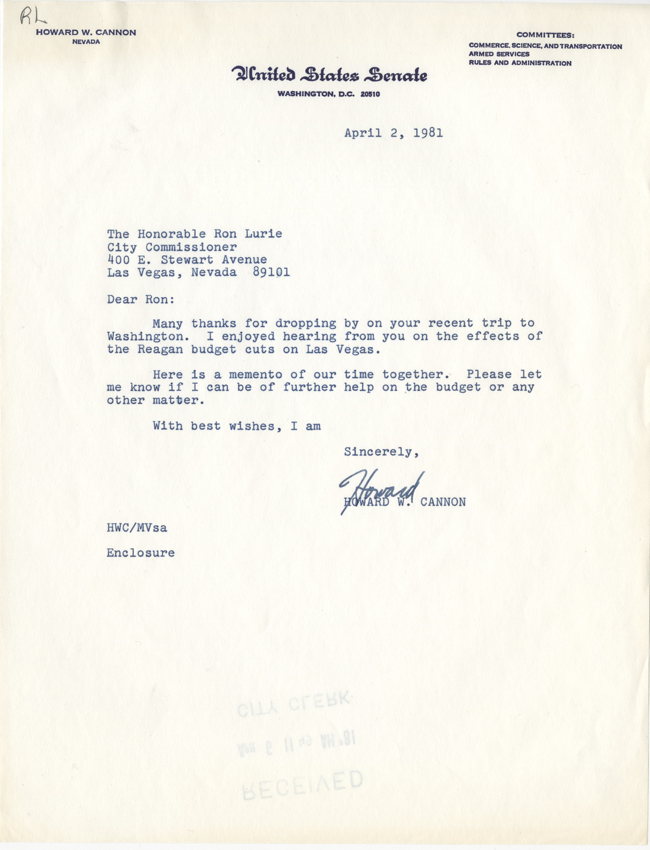 Letter from Howard Cannon to Ron Lurie, April 2, 1981
