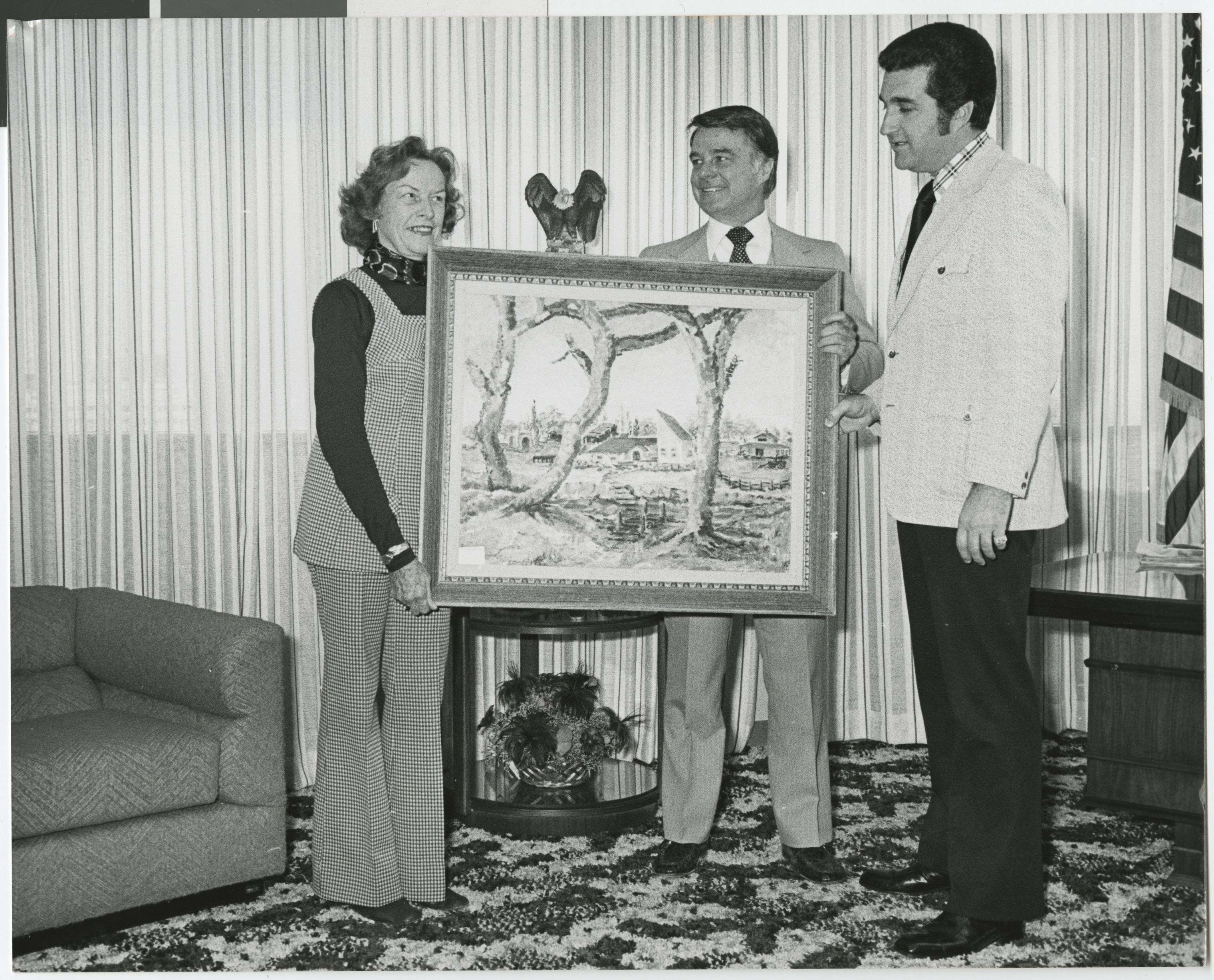 Photograph of Ron Lurie (right) with Bill Briare and Berta Ewing, April 4, 1977