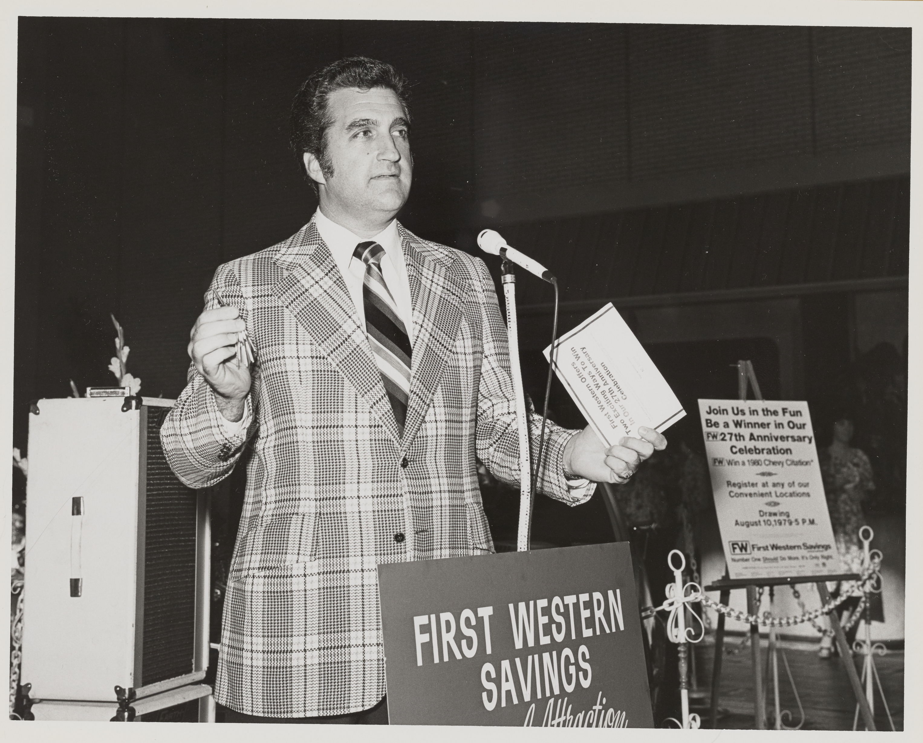 Photograph of  Ron Lurie at event for First Western Savings, 1979