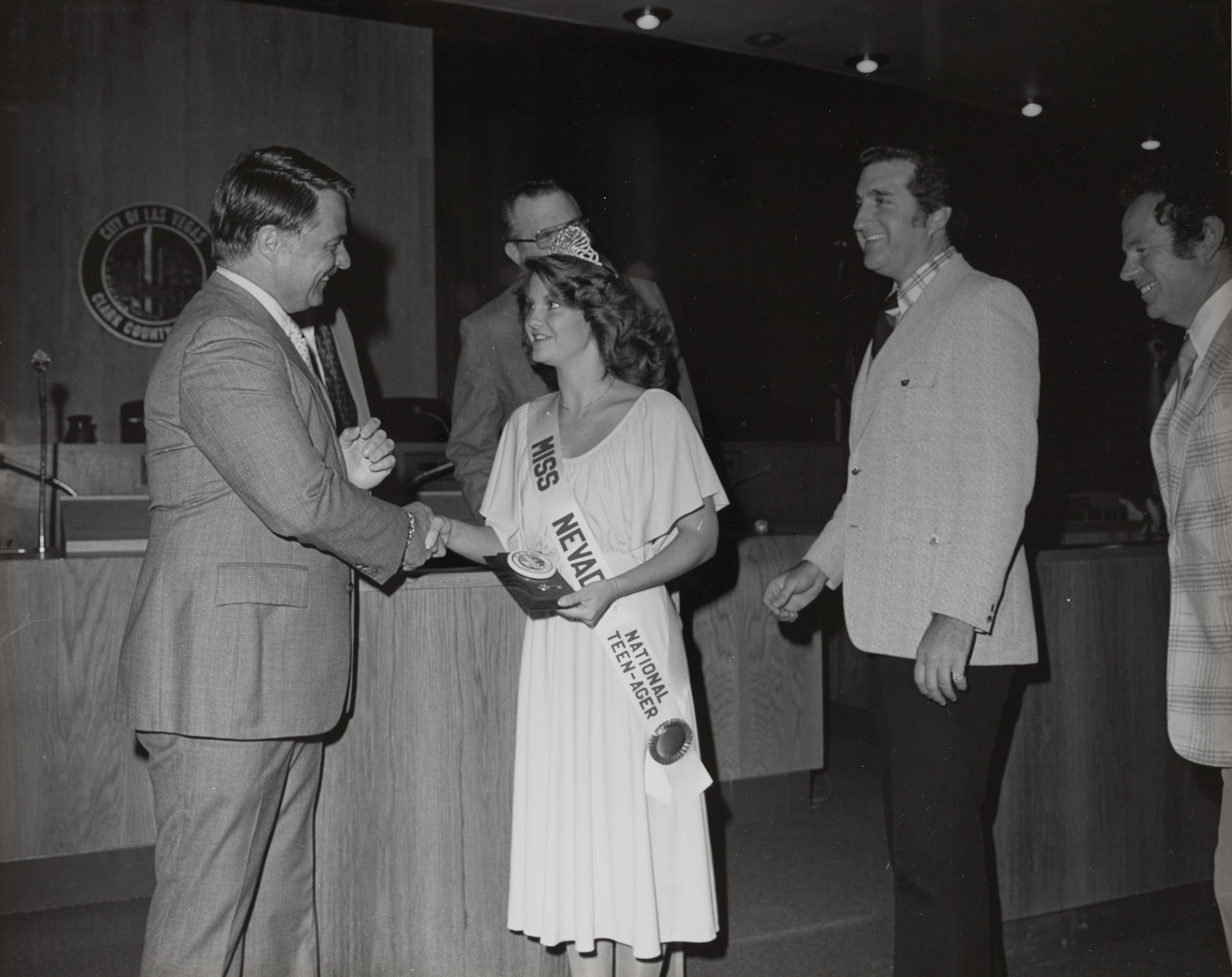 Photograph of Mayor Briare and Ron Lurie with Miss Nevada National Teenager