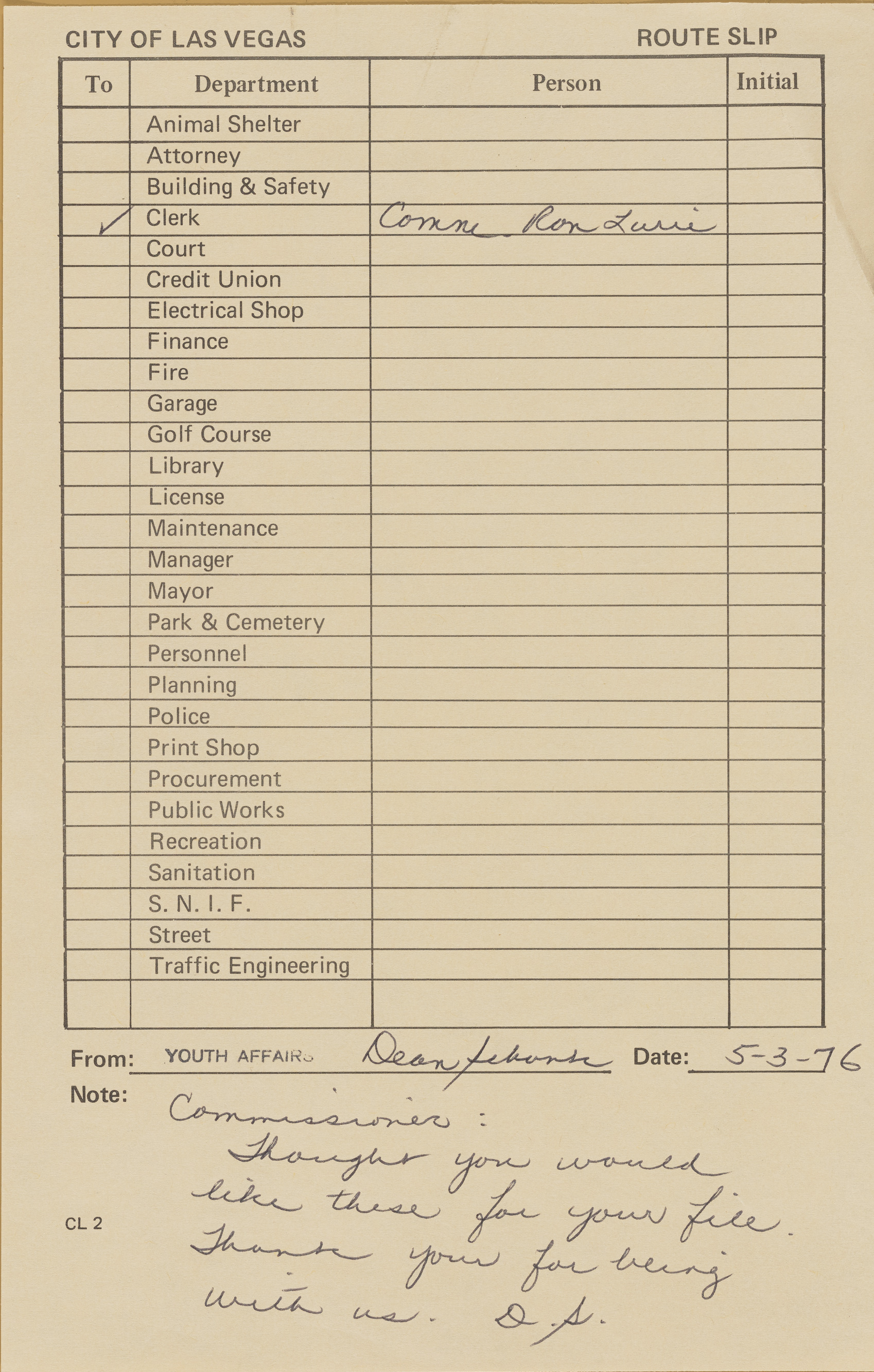 Route slip for photograph to Commissioner Ron Lurie, May 3, 1976