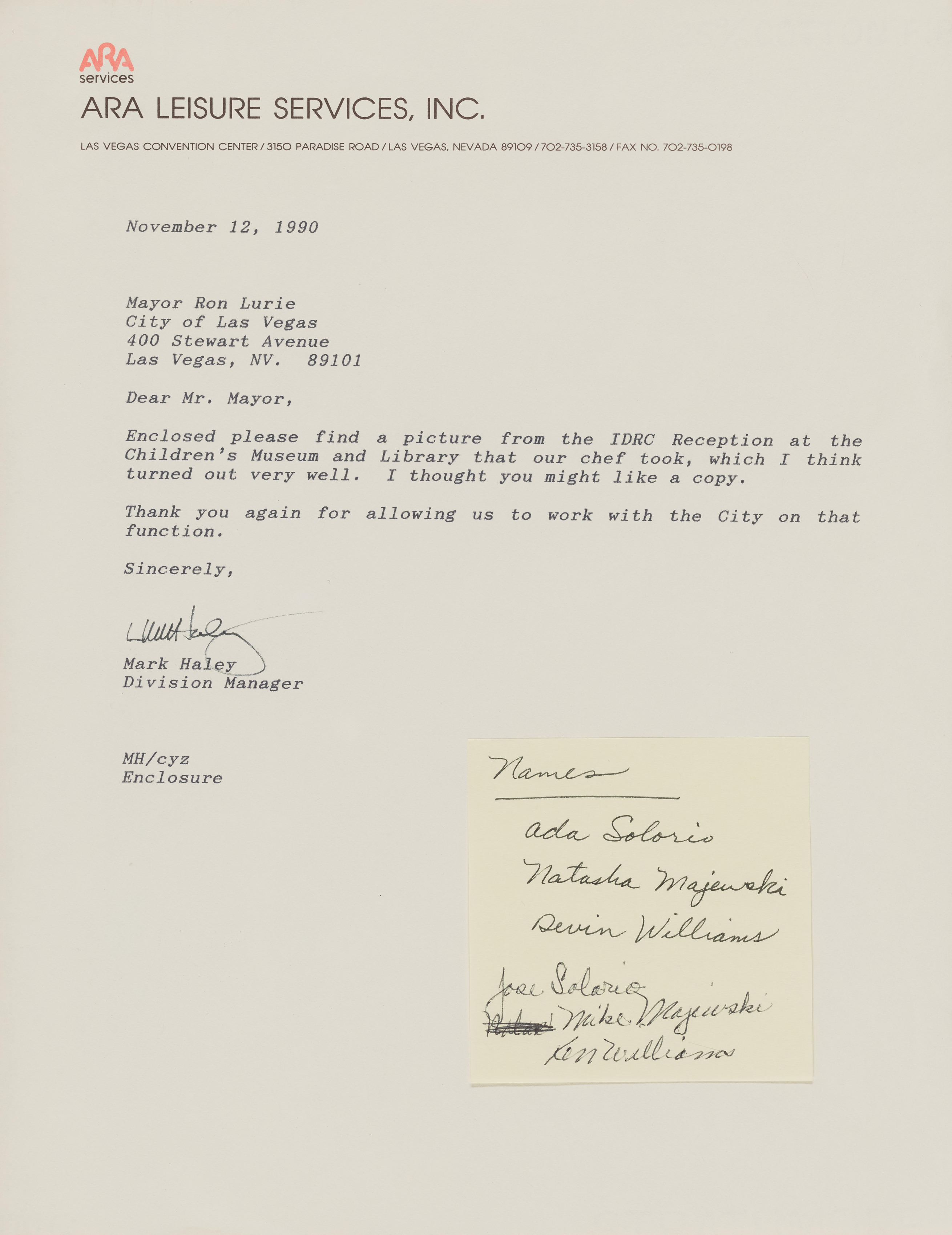 Letter from Mark Haley (Las Vegas, Nev) to Mayor Ron Lurie, November 12, 1990
