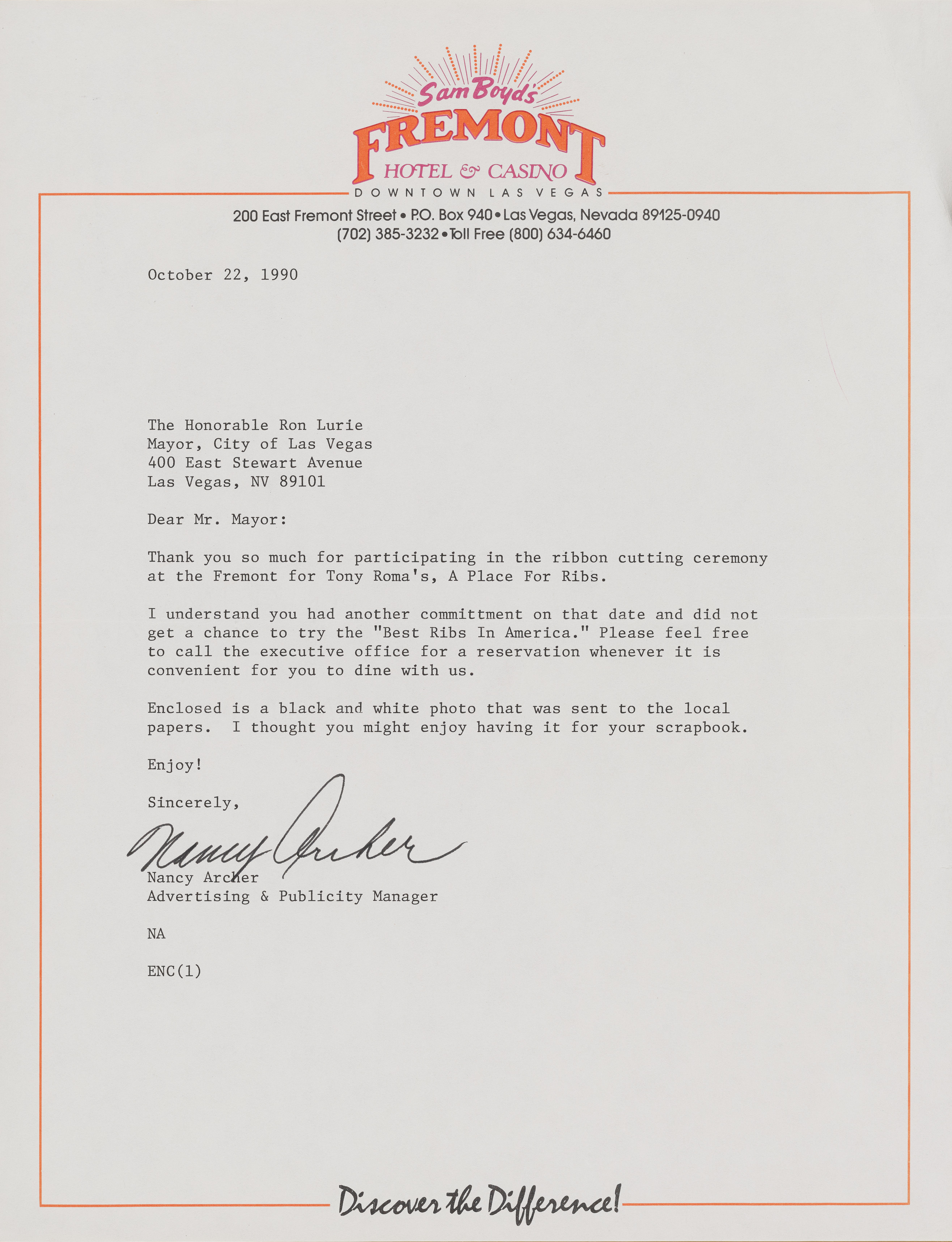 Letter from Nancy Archer (Las Vegas, Nev.) to Mayor Ron Lurie, October 22, 1990