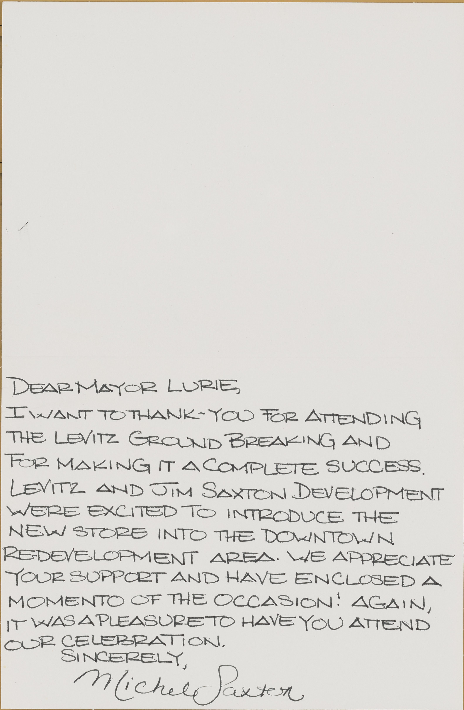 Thank you note to Ron Lurie from Michele Saxter, interior