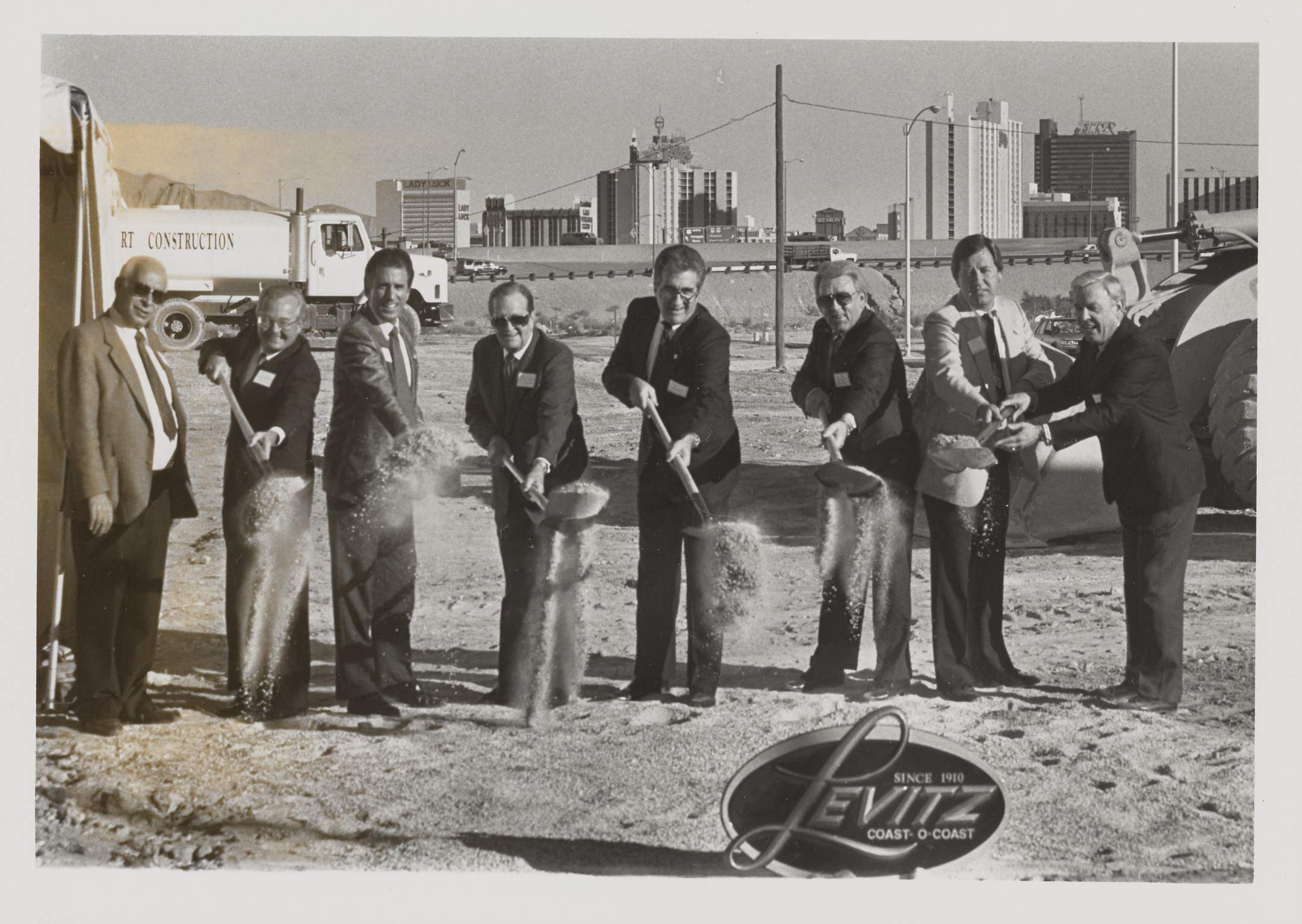 Photograph of groundbreaking for Levitz furniture (Ron Lurie, center)