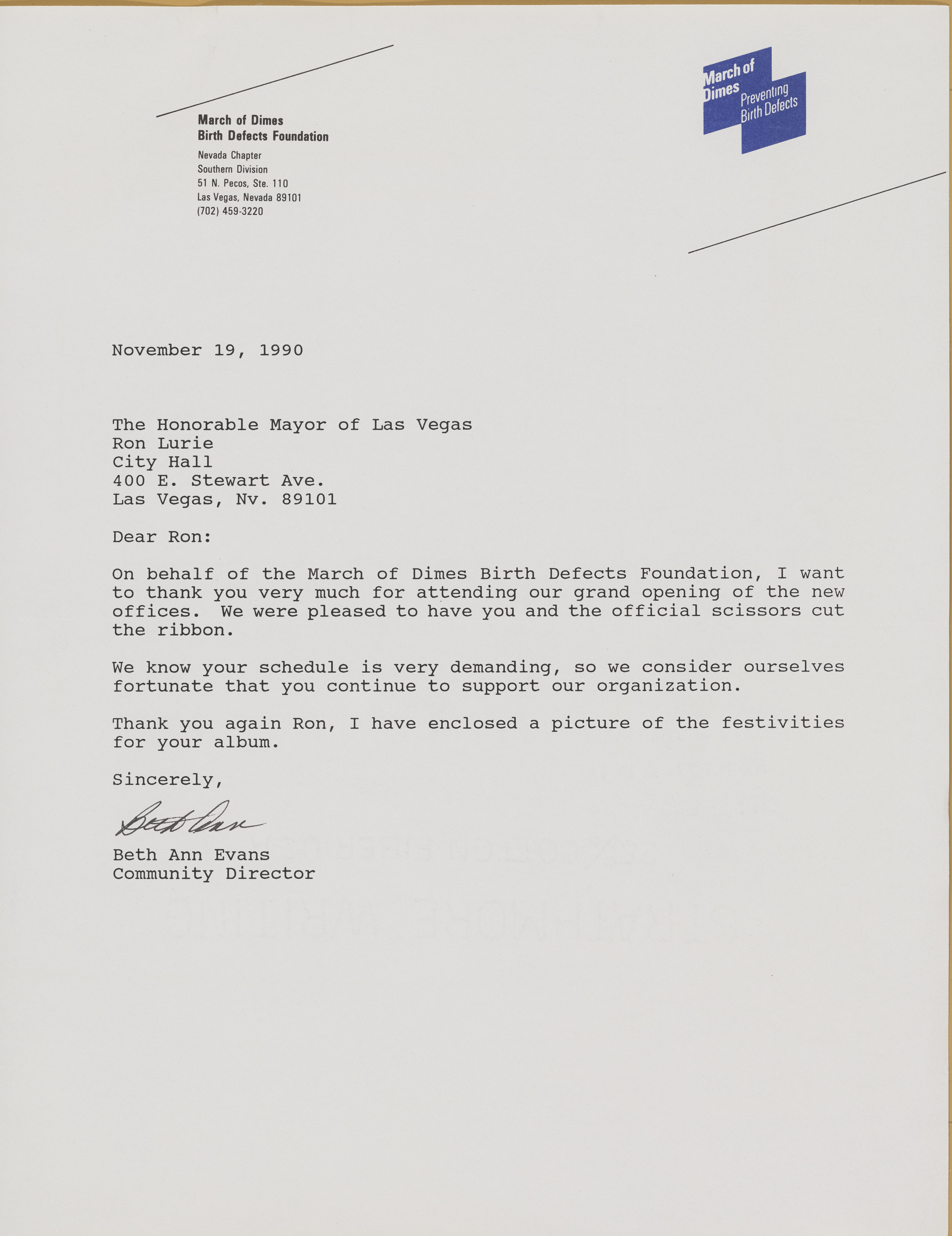 Letter from Beth Ann Evans (Las Vegas Nev., March of Dimes) to Ron Lurie, November 19, 1990