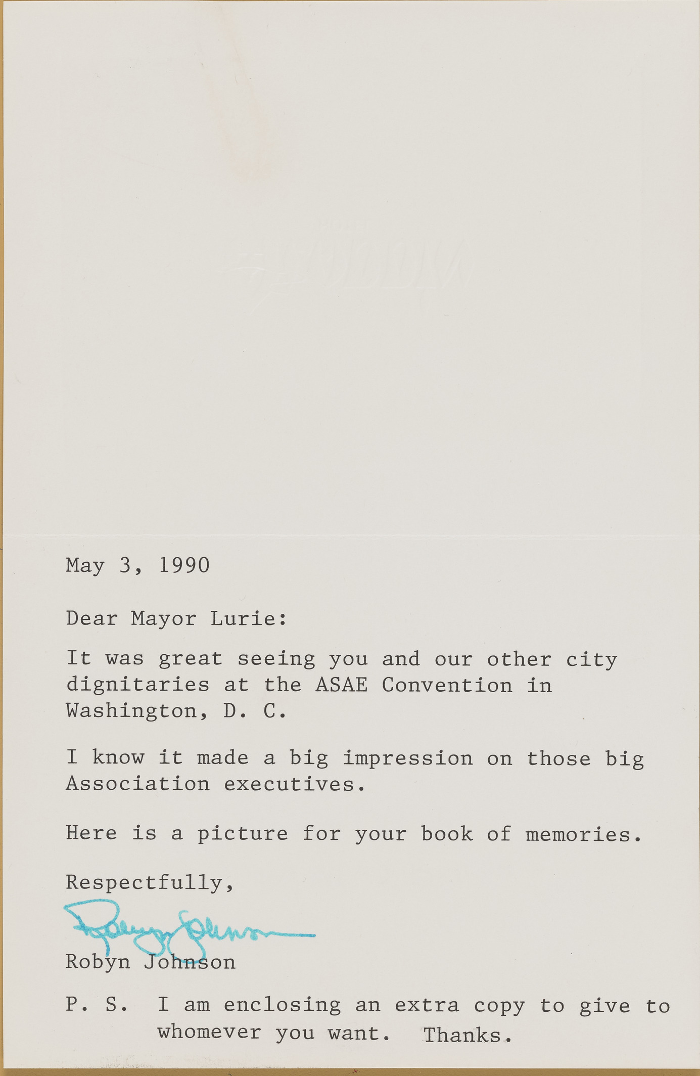 Letter from Robyn Johnson to Mayor Lurie, May 3, 1990 for ASAE Convention