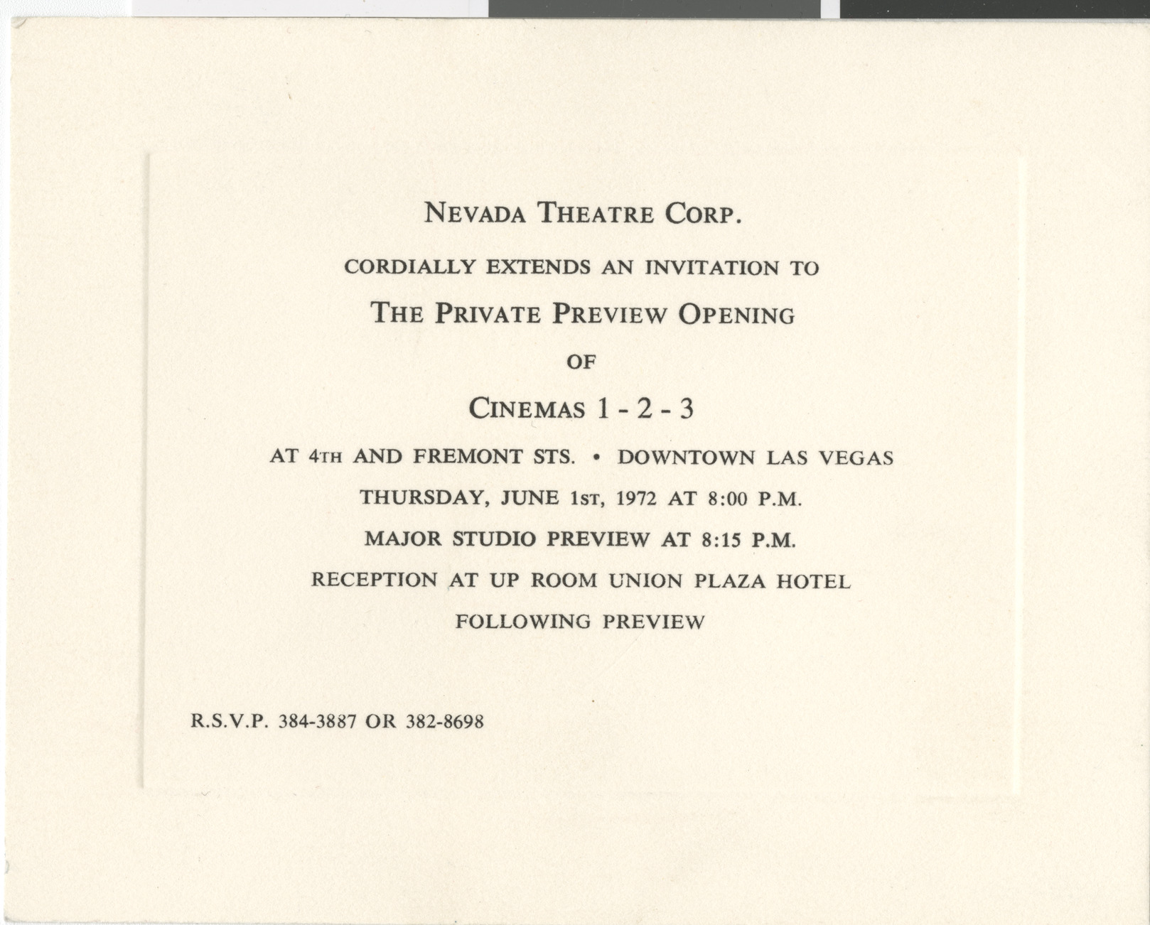 Invitation to the Private Preview Opening of Cinemas 1-2-3, June 1, 1972