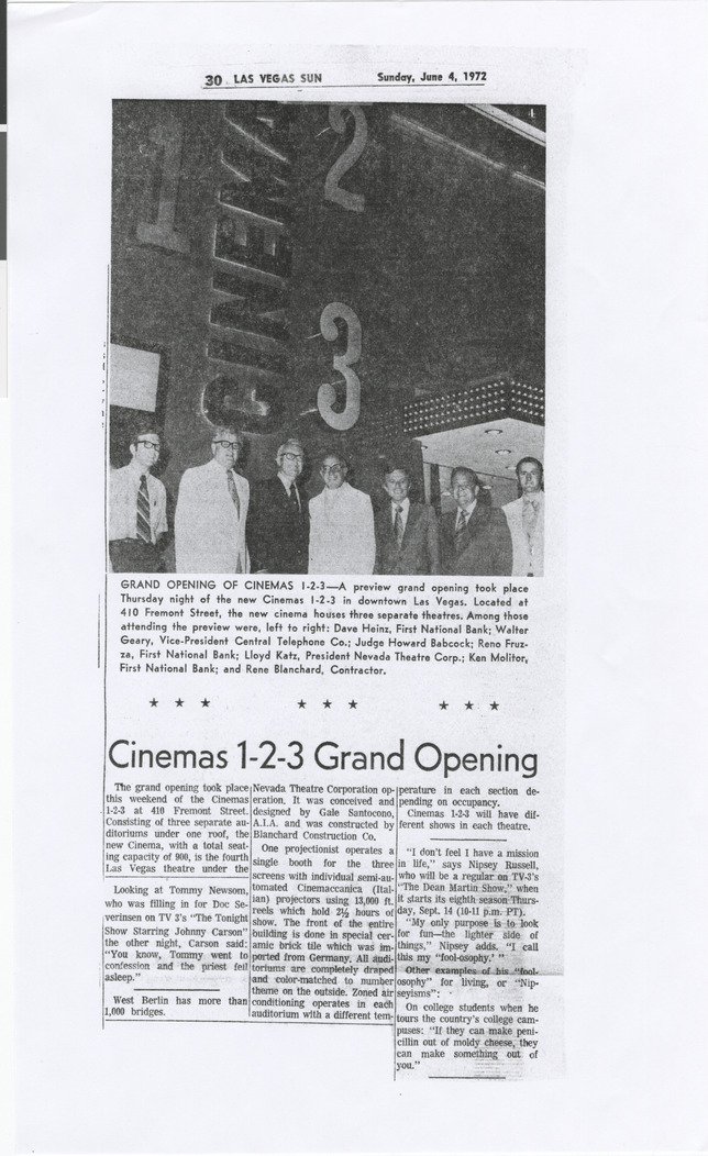 Newspaper clipping, Cinemas 1-2-3 Grand Opening, Las Vegas Sun, June 4, 1972