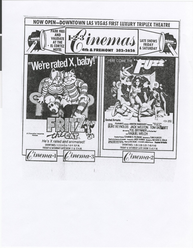 Newspaper clipping, advertisement for Cinemas 1-2-3, publication and date unknown