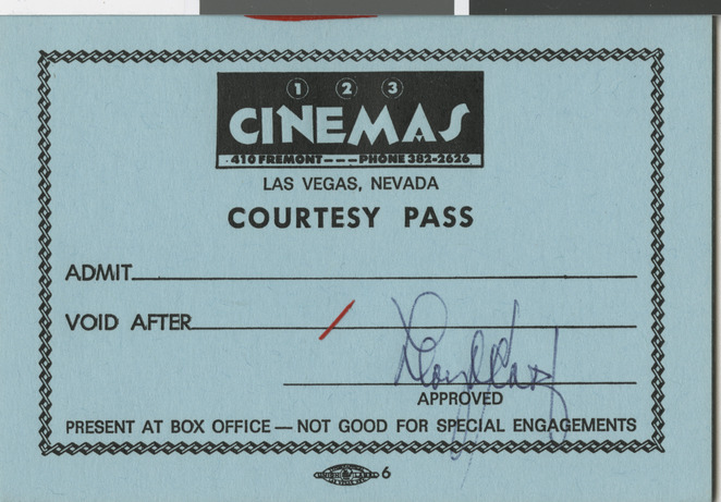 Courtesy pass for Cinemas 1-2-3 (Las Vegas, Nev.), with signature of Lloyd Katz