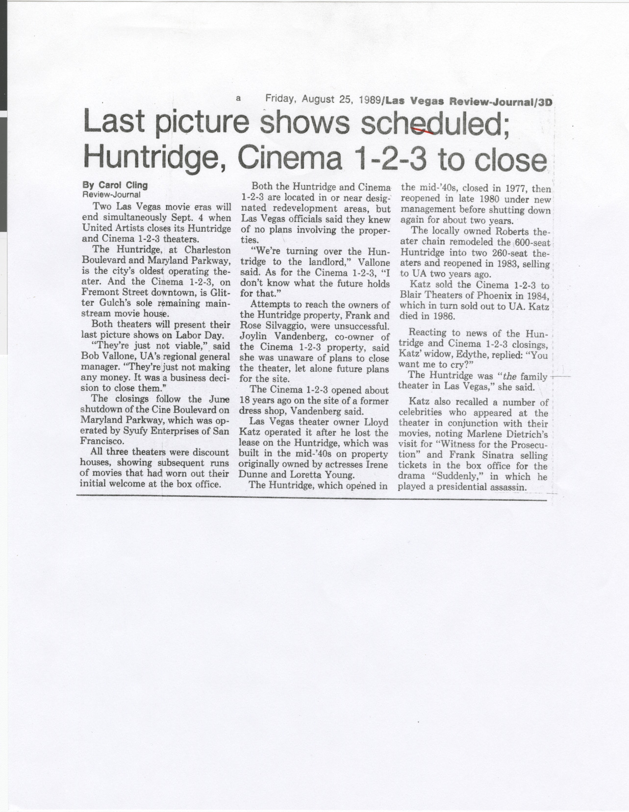 Newspaper clipping, Last picture shows scheduled, Huntridge, Cinema 1-2-3 to close, Las Vegas Review-Journal, August 25, 1989