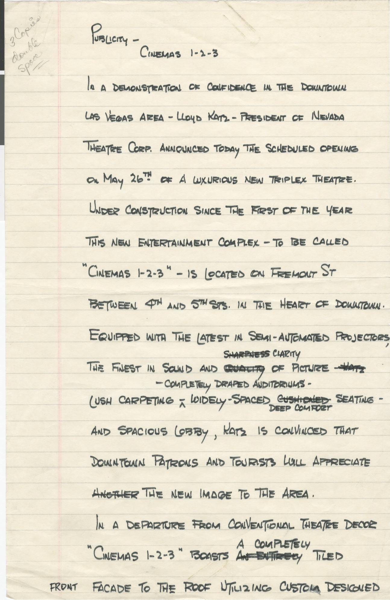 Handwritten press release for opening of Cinemas 1-2-3, page 1