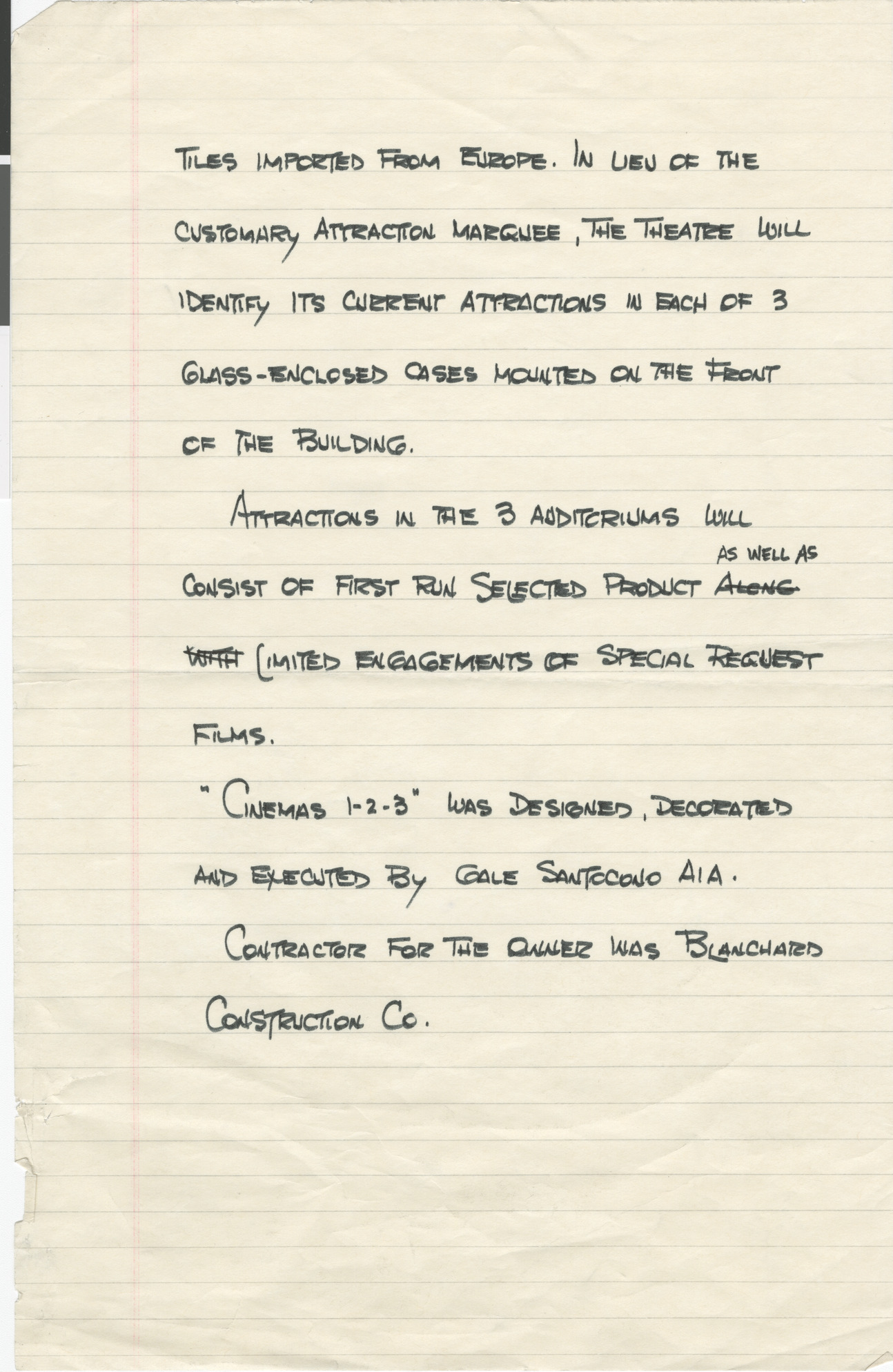 Handwritten press release for opening of Cinemas 1-2-3, page 2
