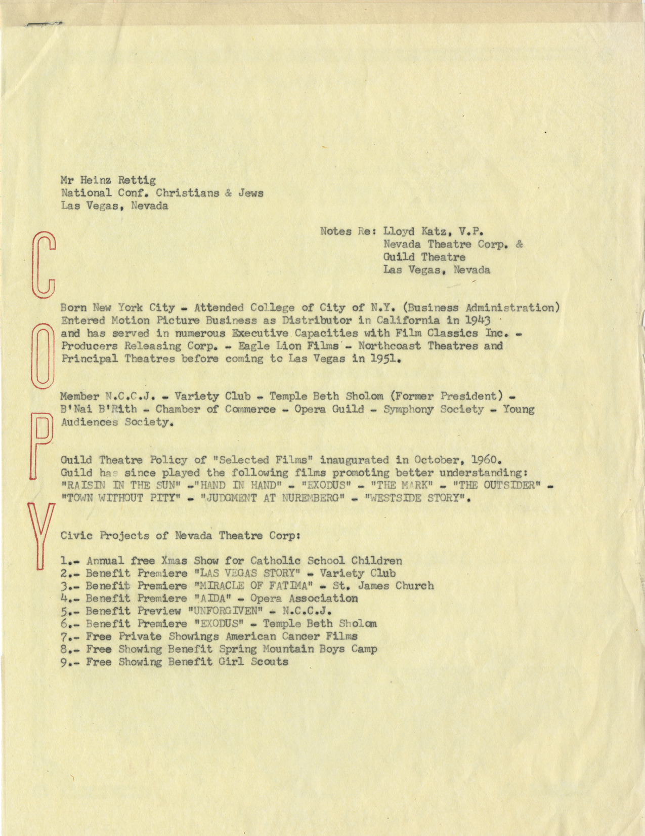 Biographical sheet on Lloyd Katz for the National Conference of Christians and Jews, no date
