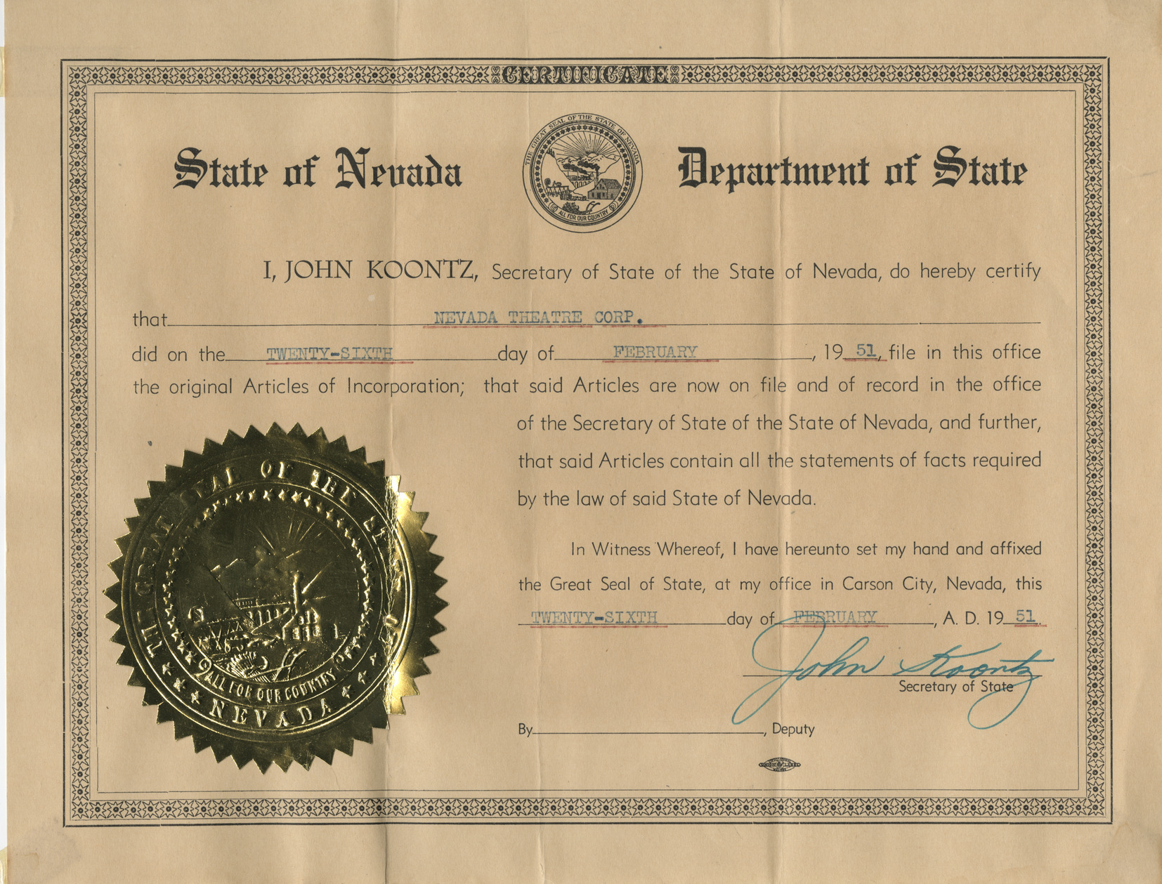 Articles of incorporation certificate for the Nevada Theater Corporation, February 26, 1951