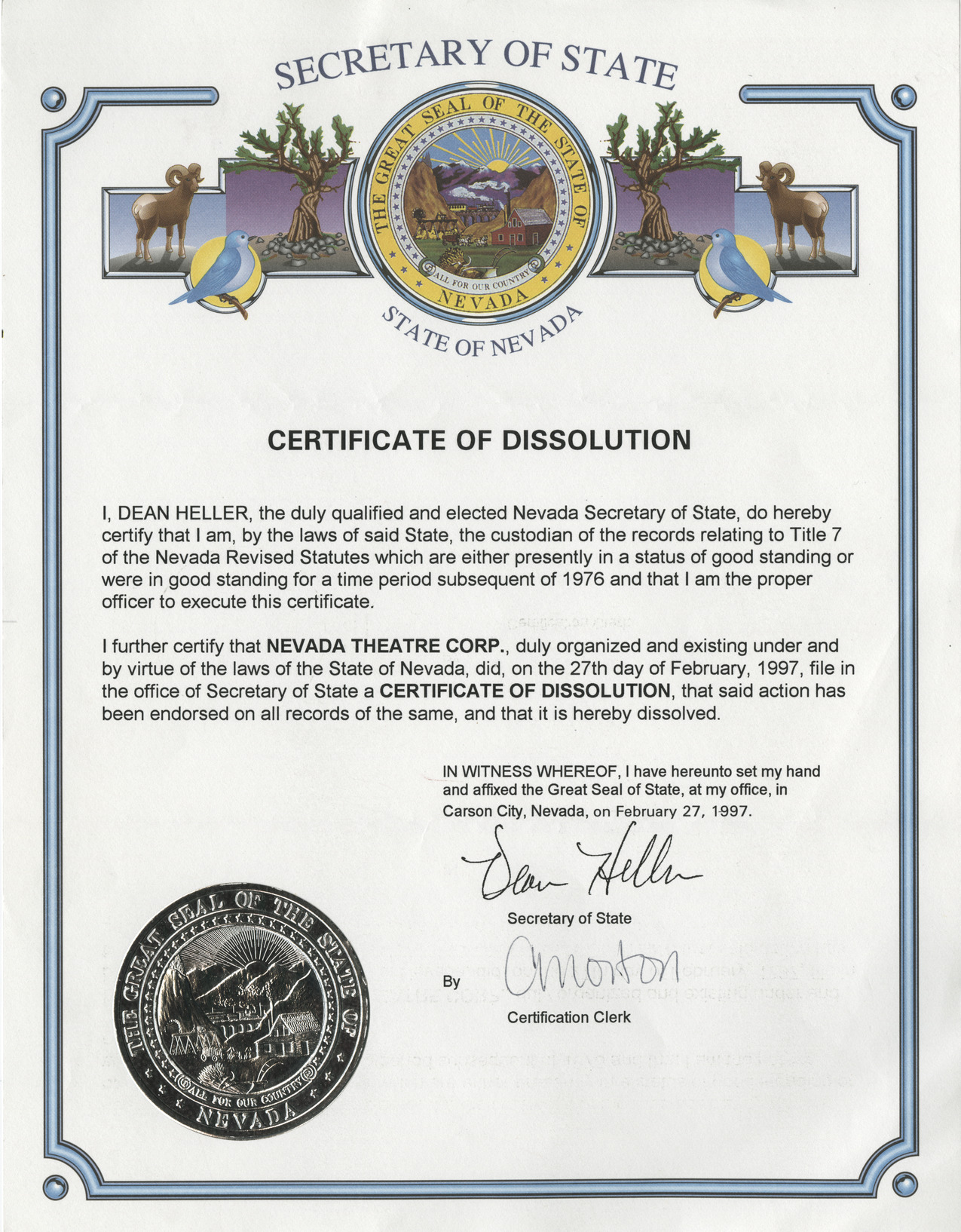 Certificate of Dissolution for the Nevada Theater Corporation, February 27, 1997