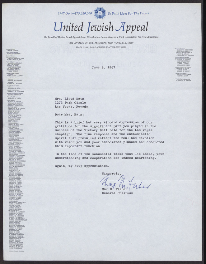 Letter from Max Fisher (New York, N.Y.) to Lloyd Katz (Las Vegas, Nev.), June 9, 1967