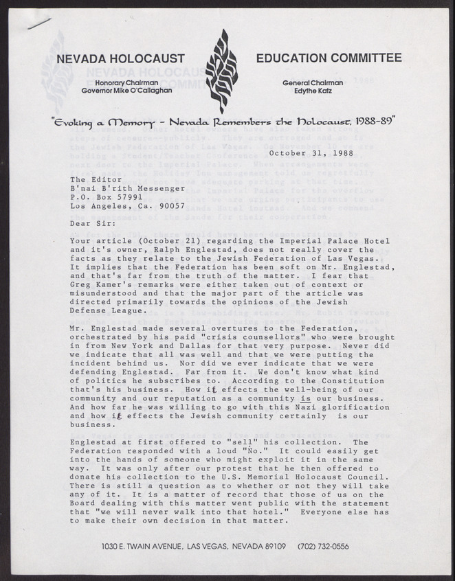 Letter from Edythe Katz (Las Vegas, Nev.) to the Editor of the B'nai B'rith Messenger (Los Angeles, Calif.), October 31, 1988, page 1