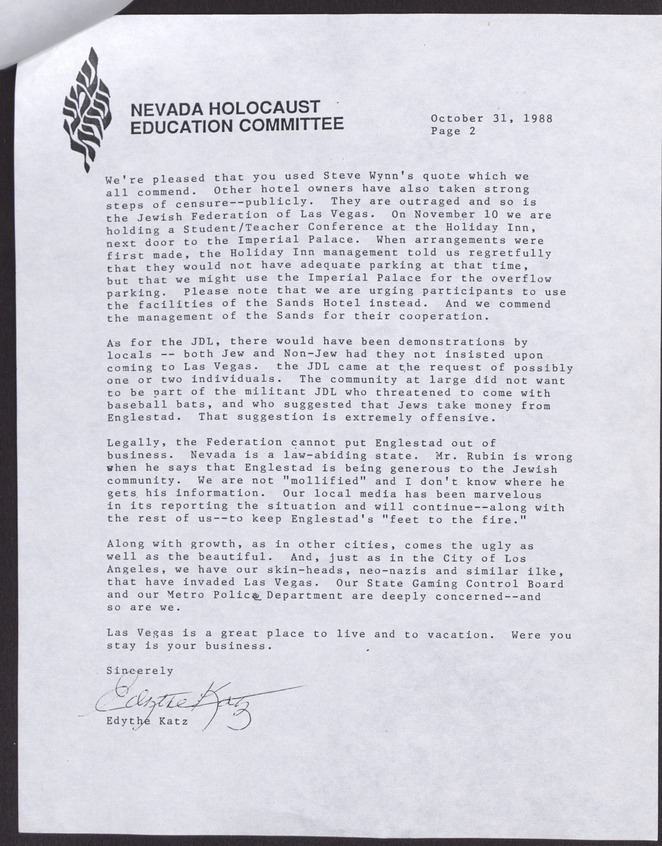Letter from Edythe Katz (Las Vegas, Nev.) to the Editor of the B'nai B'rith Messenger (Los Angeles, Calif.), October 31, 1988, page 2