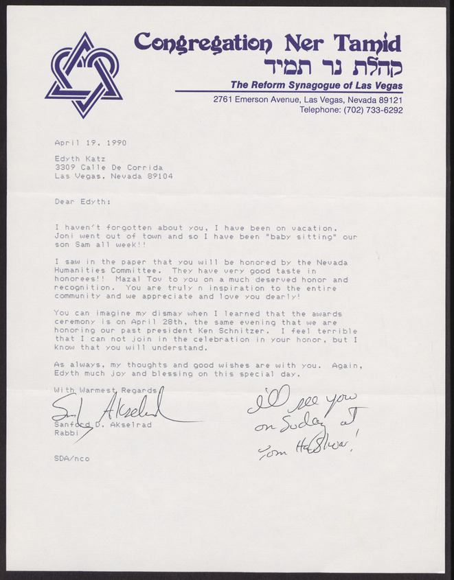 Letter from Rabbi Sanford Akselrad (Las Vegas, Nev.) to Edythe Katz (Las Vegas, Nev.) , April 19, 1990