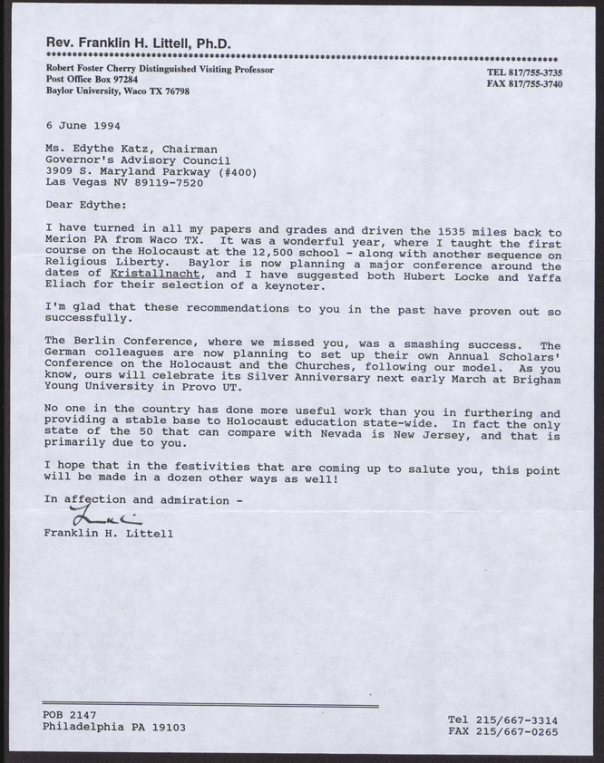 Letter from Franklin H. Littell (Waco, Tex.) to Edythe Katz (Las Vegas, Nev.), June 6, 1994