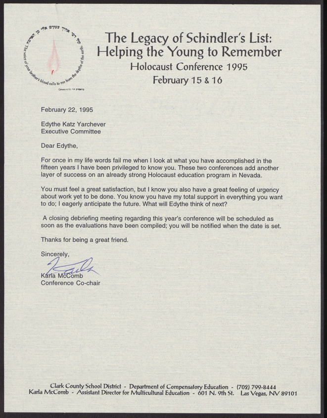 Letter from Karla McComb (Las Vegas, Nev.) to Edythe Katz (Las Vegas, Nev.), February 22, 1995