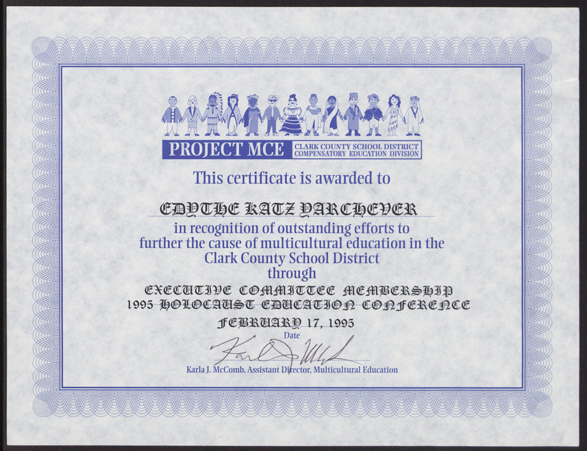 Certificate for Edythe Katz Yarchever from the Clark County School District recognizing her efforts in multicultural education, February 17, 1995