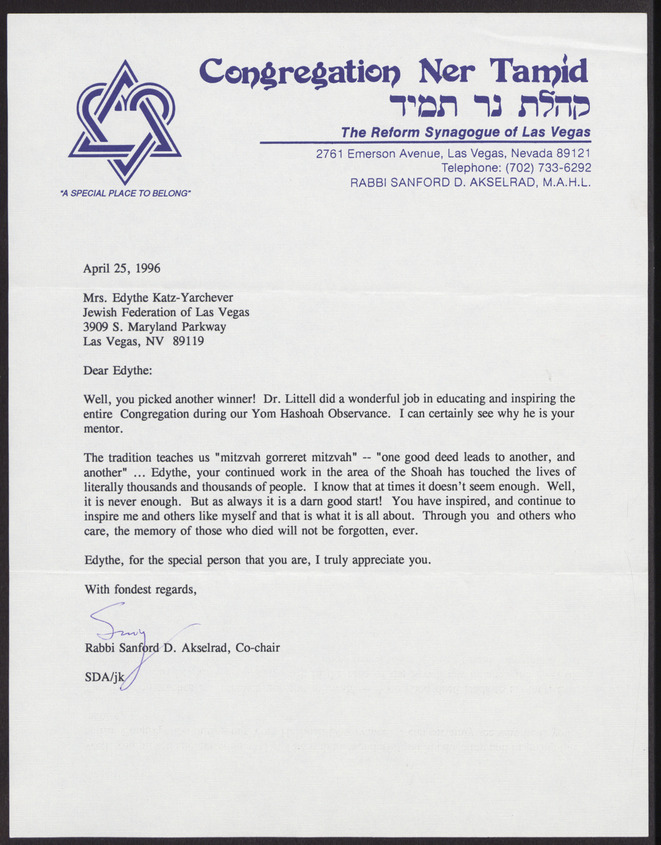 Letter from Rabbi Sanford Akselrad (Las Vegas, Nev.) to Edythe Katz-Yarchever (Las Vegas, Nev.), April 25, 1996