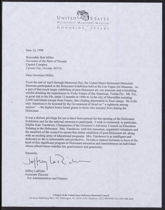 Letter from Jeffrey LaRiche (Washington, D.C.) to Honorable Bob Miller (Carson City, Nev.), June 12, 1998