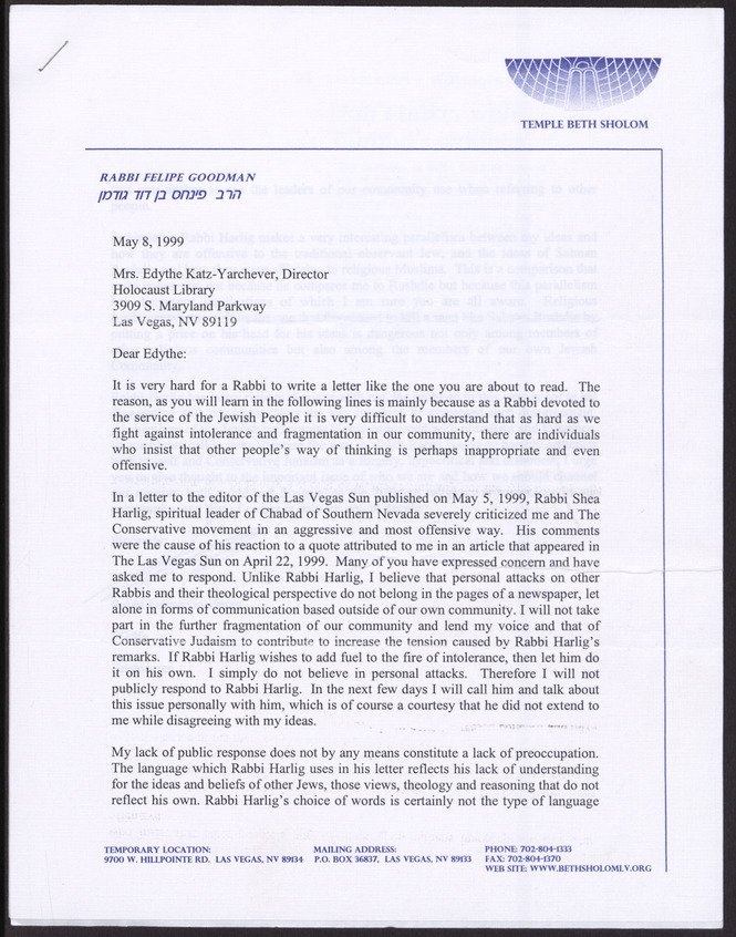 Letter from Rabbi Felipe Goodman (Las Vegas, Nev.) to Edythe Katz-Yarchever (Las Vegas, Nev.), May 8, 1999, page 1