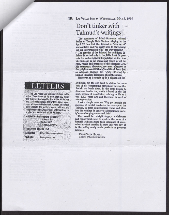 Letter from Rabbi Felipe Goodman (Las Vegas, Nev.) to Edythe Katz-Yarchever (Las Vegas, Nev.), May 8, 1999, page 3
