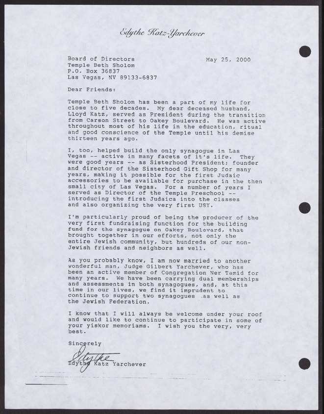 Letter from Edythe Katz Yarchever (Las Vegas, Nev.) to Board of Directors of Temple Beth Sholom (Las Vegas, Nev.), May 25, 2000