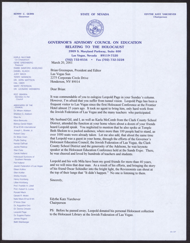 Letter from Edythe Katz Yarchever (Las Vegas, Nev.) to Brian Greenspun (Henderson, Nev.), March 20, 2001