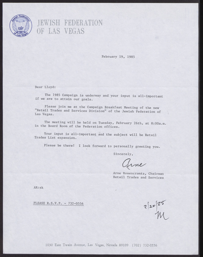 Letter from Arne Rosencranz (Las Vegas, Nev.) to Lloyd Katz (Las Vegas, Nev.), February 19, 1985