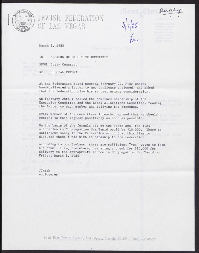 Memorandum from Jerry Countess to Members of the Executive Committee for the Jewish Federation of Las Vegas, March 1, 1985, page 1