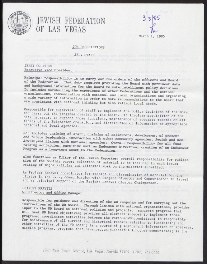 Job descriptions for staff of Jewish Federation of Las Vegas, March 1, 1985, page 1