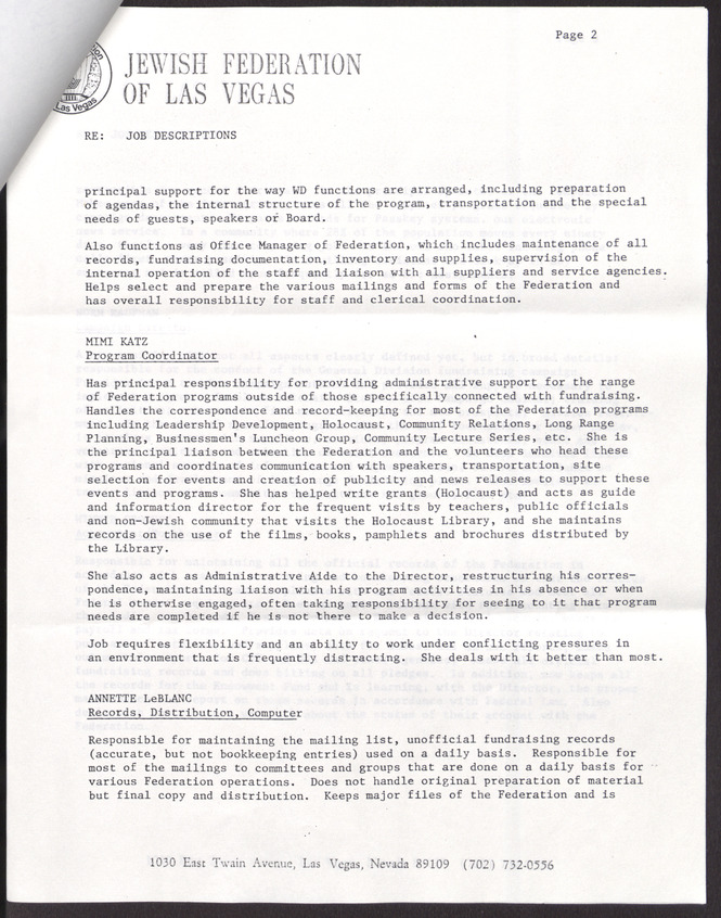Job descriptions for staff of Jewish Federation of Las Vegas, March 1, 1985, page 2