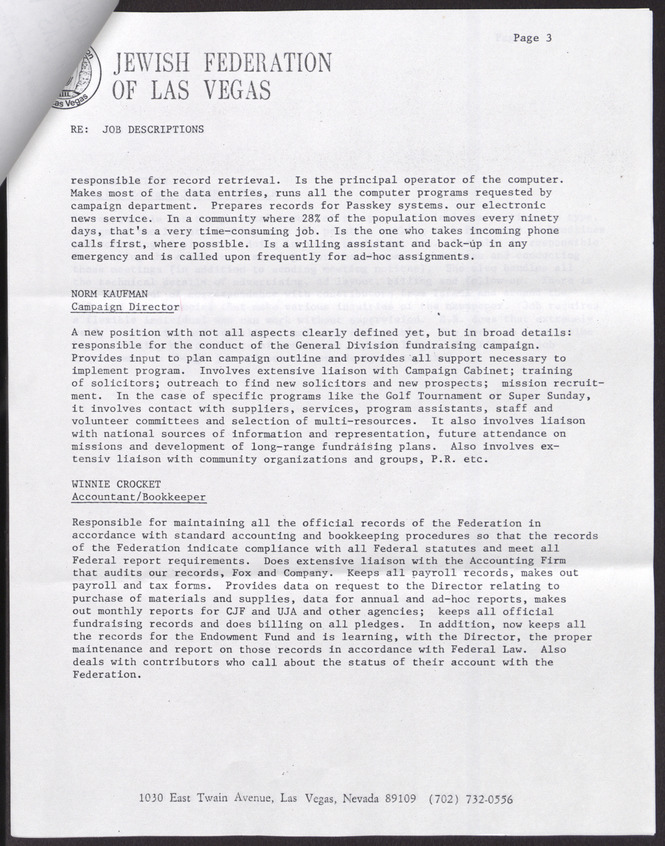 Job descriptions for staff of Jewish Federation of Las Vegas, March 1, 1985, page 3