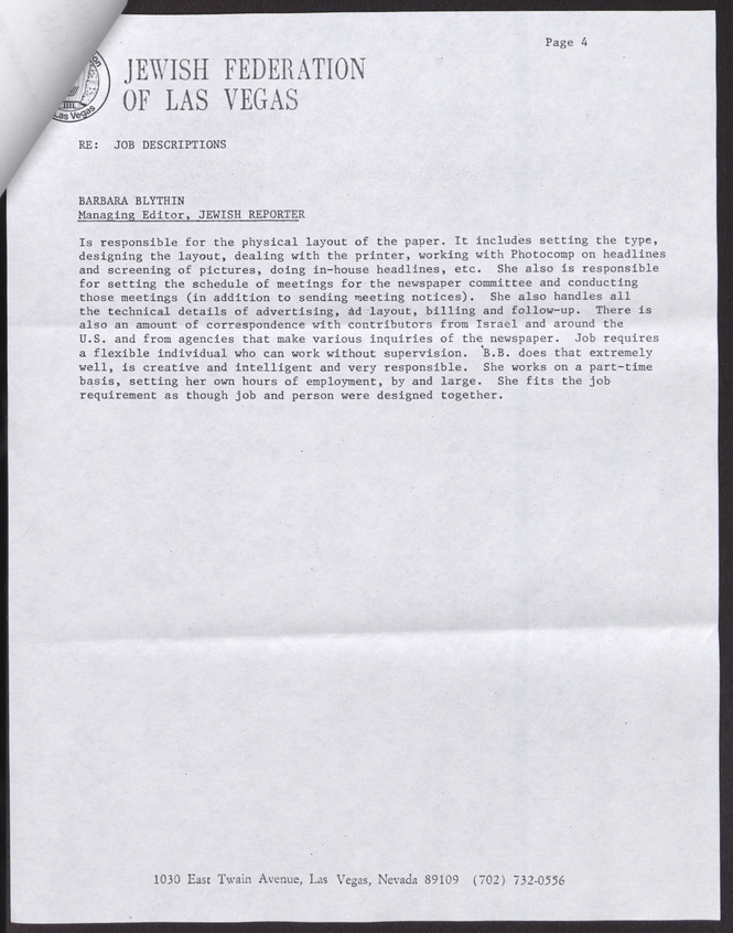 Job descriptions for staff of Jewish Federation of Las Vegas, March 1, 1985, page 4