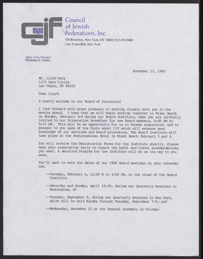 Letter from Shoshana Cardin (New York, N.Y.) to Lloyd Katz (Las Vegas, Nev.), November 27, 1985, page 1