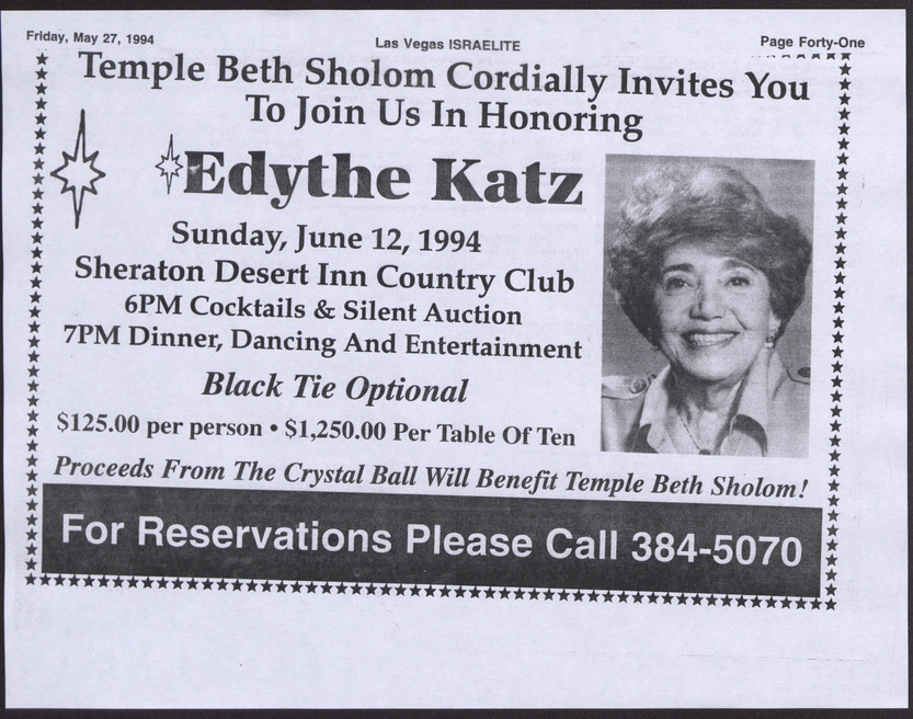 Newspaper clipping, Invitation to Temple Beth Sholom's Crystal Ball honoring Edythe Katz, Las Vegas Israelite, May 27, 1994