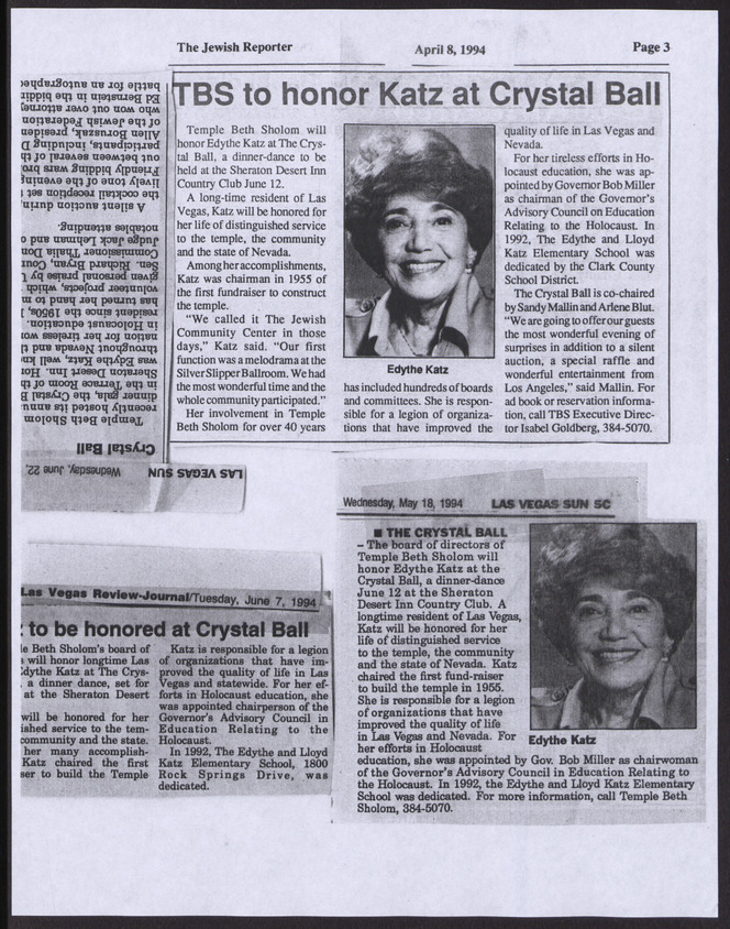 Newspaper clippings, TBS to honor Katz at Crystal Ball, Jewish Reporter, April 8, 1994, and The Crystal Ball, Las Vegas Sun, May 18, 1994, and [Katz] to be honored at Crystal Ball, Las Vegas Review-Journal, June 7, 1994, and Crystal Ball, Las Vegas Sun, June 22, [1994]