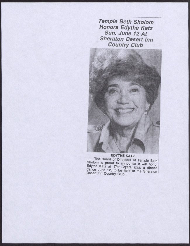 Newspaper clipping, Temple Beth Sholom Honors Edythe Katz, Sun. June 12 at Sheraton Desert Inn Country Club, publication unknown, no date
