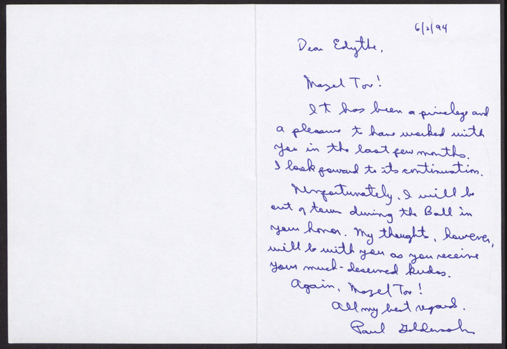 Card from Paul Goldersohn (?) to Edythe Katz, June 2, 1994