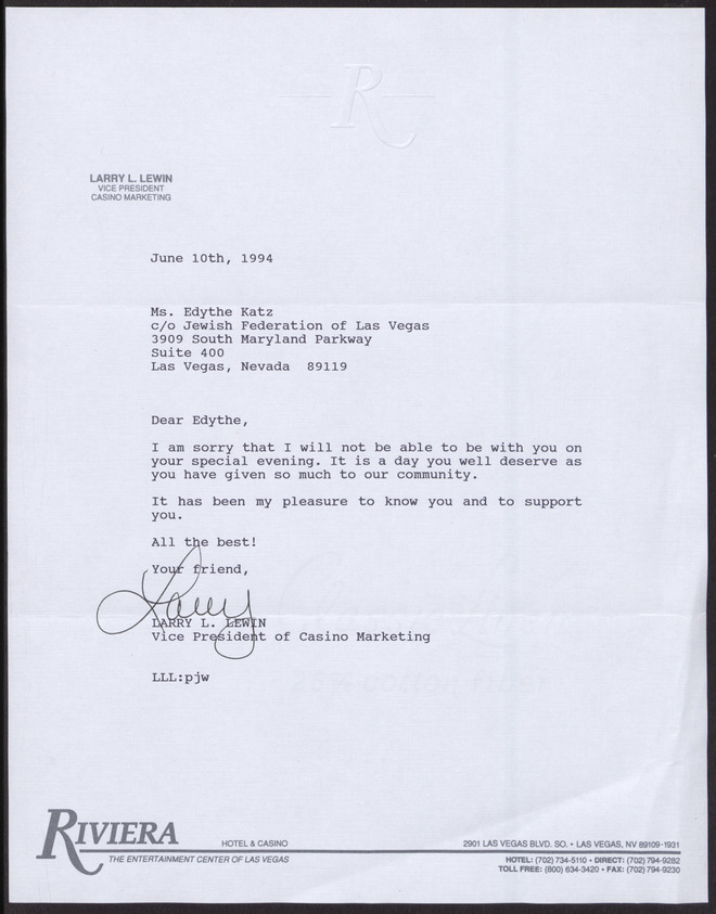 Letter from Larry L. Lewin (Las Vegas, Nev.) to Edythe Katz (Las Vegas, Nev.), June 10, 1994